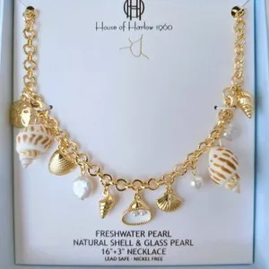 Authentic House of Harlow 1960 Yellow Gold Plated Shell Pearl Charm Necklace 16+3"