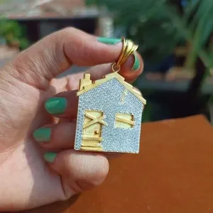 Authentic 1.50 Ctw Round Cut White Diamond Men's House Pendant 14K Yellow Gold Plated