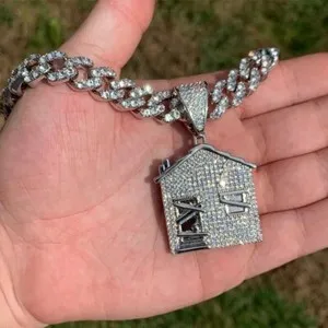 Authentic Real Moissanite Trap House Pendant 14K White Gold Plated 925 Sterling Silver