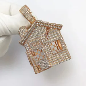 Authentic 4 Ct Round Cut Moissanite Men's Custom Trap House Pendant 14K Yellow Gold Plated