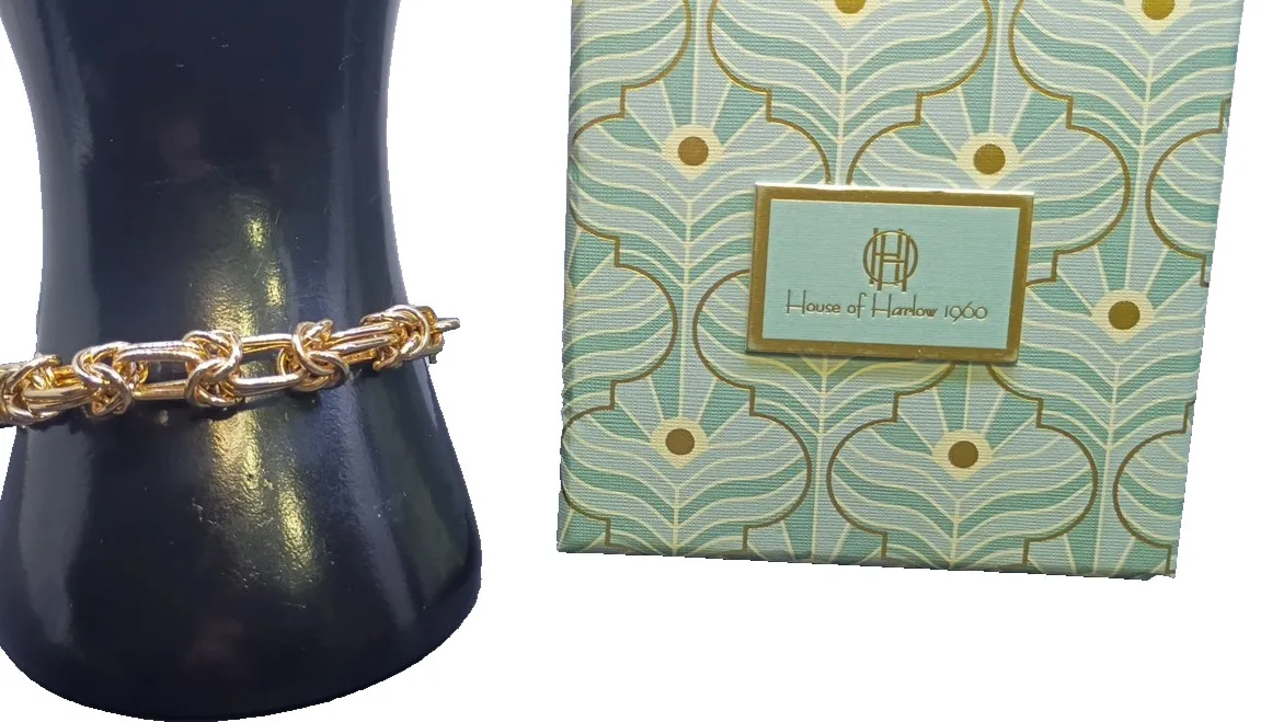 Authentic House of Harlow 1960 Gold Plated Bracelet Chain & Knot Adjustable Length W/ Box