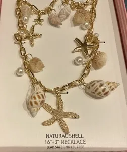 Authentic House Of Harlow Gold Plated 16” + 3”Natural Starfish/Shell Nickel Free Necklace