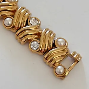 Authentic Jewel House Gold Plated Pearl Diamond cut Clear rhinestone bracelet 7 " Vintage