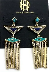 Authentic House of Harlow 1960 14K gold plated tassel drop earrings w/ enamel/stone