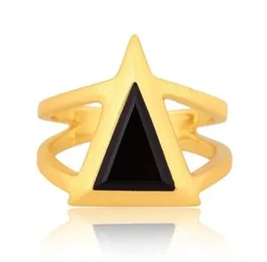 Authentic Triangle Shaped Gemstone Ring Gold Plated House Ring Double Band Man Women Ring