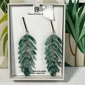 Authentic 14K Gold Plated Dangling Leaf Earrings Green Lead Free House of Harlow 1960