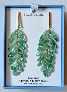 Authentic House of Harlow 1960 14K Gold Plated Dangling Palm Leaf Earrings Green Lead Free