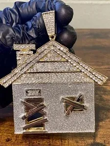 Authentic 3Ct Round Cut Real Moissanite Trap House Men's Pendant 14K Yellow Gold Plated