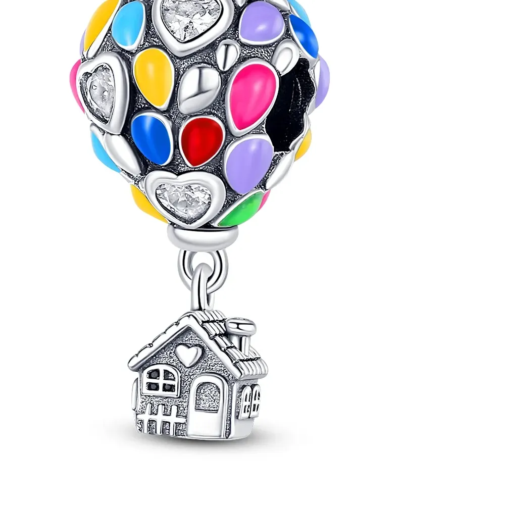 Authentic 925 Sterling Silver Hot Air Balloon House Charms Multicolor Enamel CZ Dangle Beads Fit Bracelet Women Jewelry