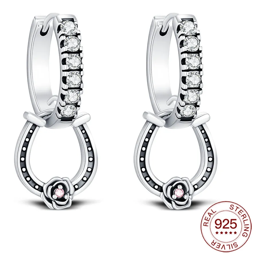 Authentic 925 Sterling Silver Earring Hypoallergenic Racing Rose Horseshoe Hoop Earrings Fit Mother's Day Love Anniversary Jewelry Gifts