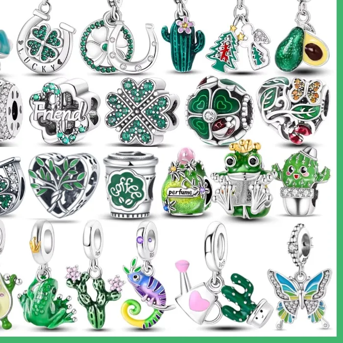 Authentic Original 925 Sterling Silver Green Lucky Horseshoe Clover Pendant Beads Suitable For Bracelets Diy Exquisite