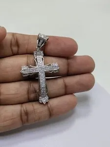 Authentic 2Ct Round Cut Real Moissanite 14K White Gold Plated Men's Cross Charm Pendant