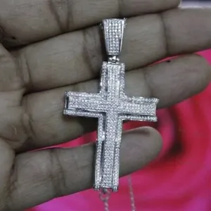 Authentic Men's 2Ct Round Cut Real Moissanite 14K White Gold Plated Cross Charm Pendant