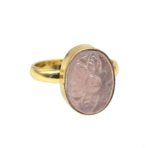 Authentic Carving Pink Rose Quartz Ring Handmade Gold Plated Jewelry Ring US 7.5 B650