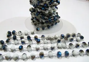 Authentic Mystic Blue Moonstone Hydro Quartz Beaded Chain, 3 Feet, AAA Quality, Gold-Plated for Spiritual Alignment