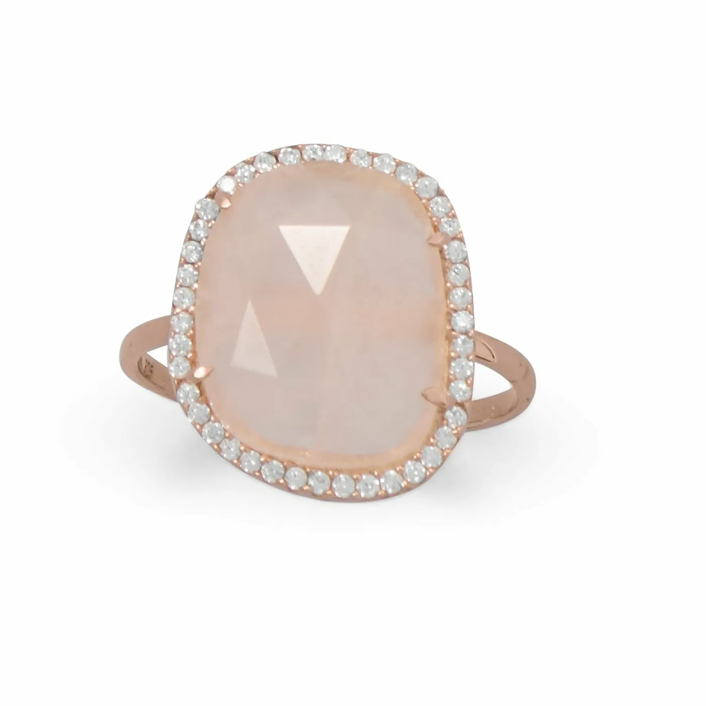 Authentic Rose-Gold-Plated Rose Quartz and CZ Halo Ring 925 Sterling Silver