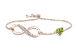 Authentic Simulated Diamond Peridot Heart Symbol Charm Bracelet in 14K Gold Plated Silver