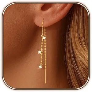 Authentic Threader Dangle Earrings for Women 14K Gold Plated Long Drop Earrings Trendy Hyp