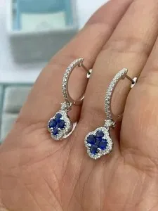 Authentic 2Ct Round Cut Lab-Created Sapphire Clover Dangle Earrings 14K White Gold Plated
