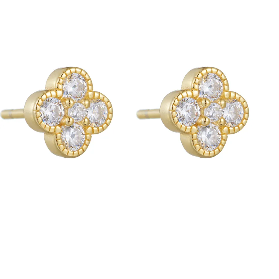 Authentic 925 Sterling Silver Four Leaf Clover Stud Earrings 14k Gold Plated with Delicate Cubic Zirconia Jewelry for Women