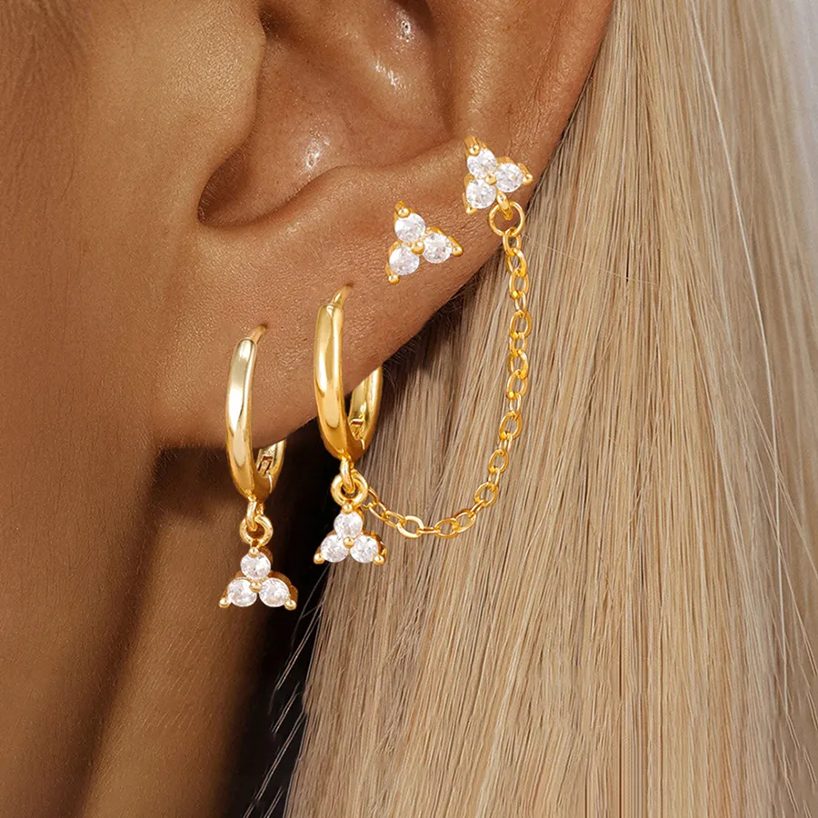 Authentic 3PCS Clover Circle Tassel Chain Drop Earrings Sets For Women 14K Gold Plated Zircon Stud Earring Romantic Jewelry Gifts