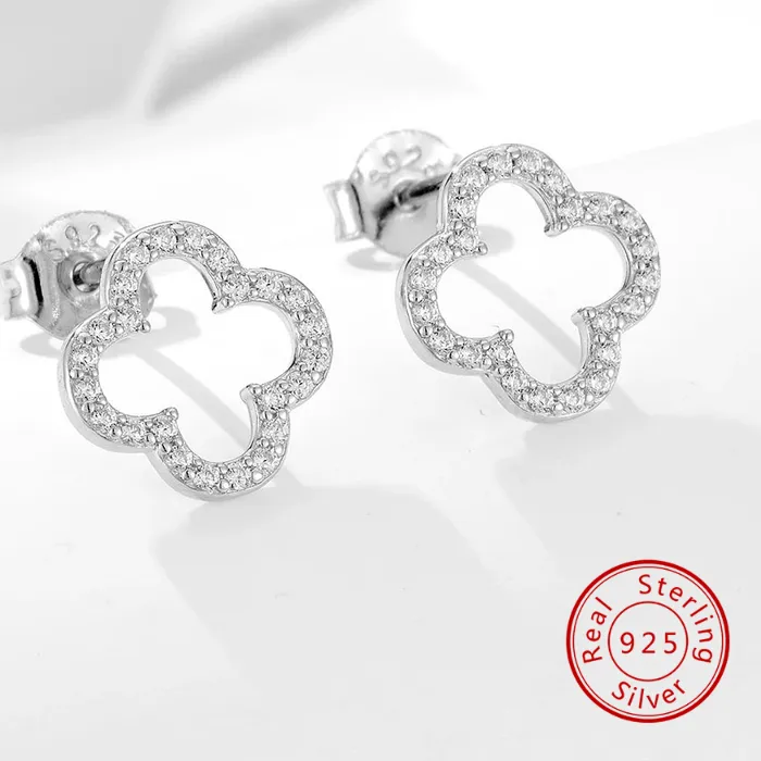 Authentic 925 Sterling Silver 14K Gold & Rhodium Plated Hollow Four Leaf Clover Outline Cz Stud Earrings Dainty Lucky Daily Jewelry