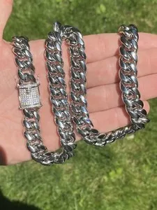 Authentic Mens Miami Cuban Chain 14k White Gold Plated SS Mens Hip Hop Iced CZ Box Lock