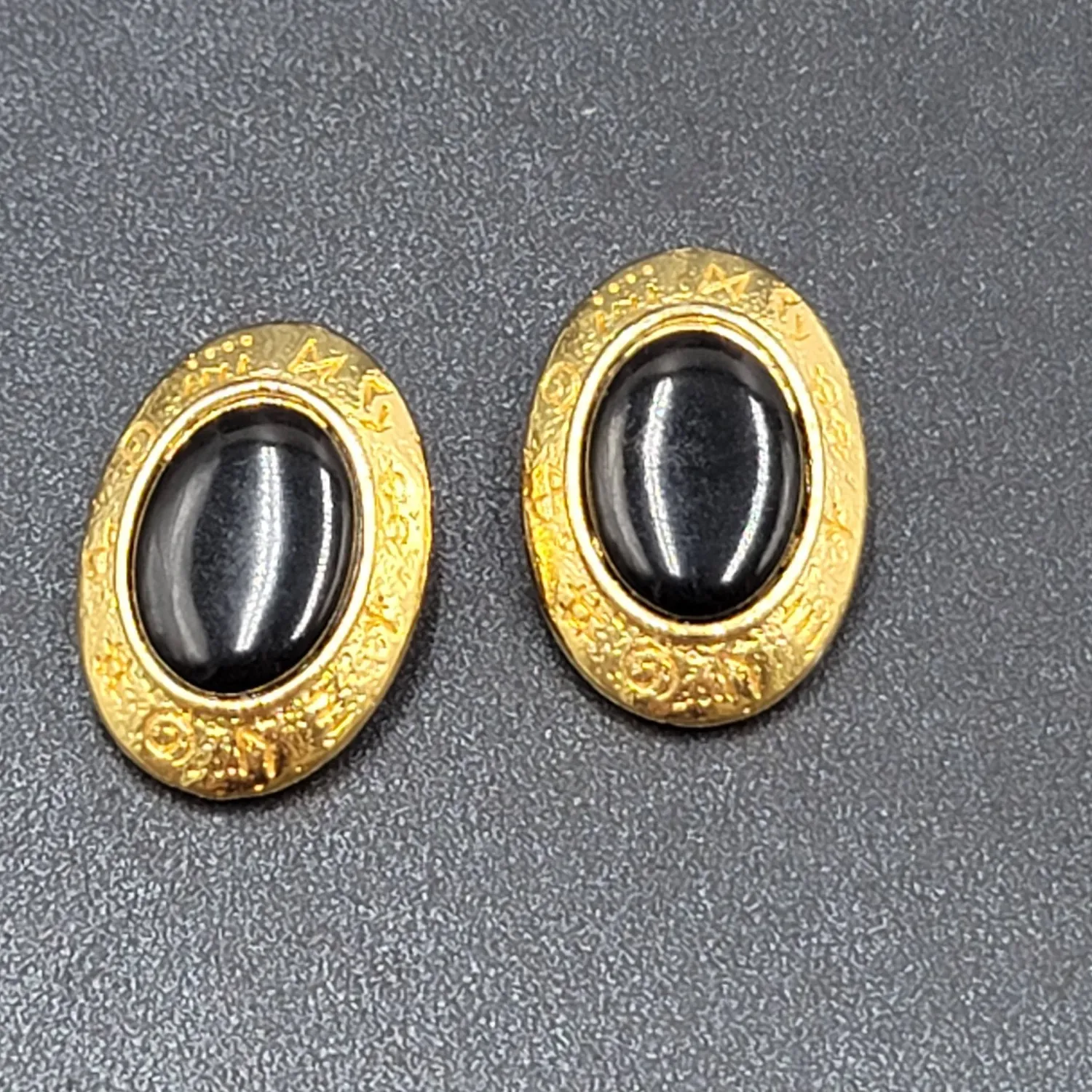 Authentic Vintage Runes Clip on Earrings Gold Plated Black Oval 1 1/8"