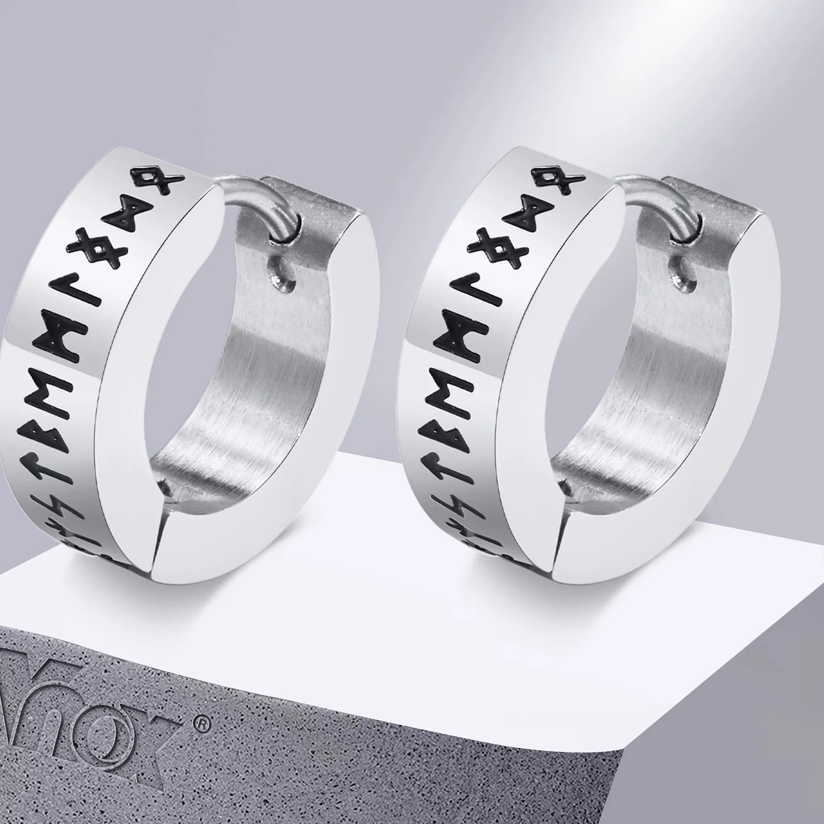 Authentic Vnox Men Norse Viking Runes Hoop Earrings,13mm Stainless Steel Huggie Ear Gifts Jewelry for Male Boys
