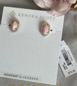 Authentic Kendra Scott EMERY Light Pink Kyocera Opal Gold Plated Stud Earrings NWT