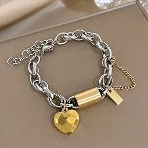 Authentic Heart Lock Stainless Steel Charm Bracelet Chunky Gold Plated Chain Love