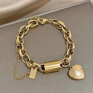 Authentic Heart Lock Stainless Steel Charm Bracelet Chunky Gold Plated Chain Love Bracelet