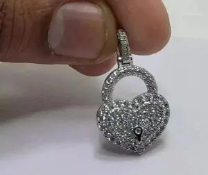 Authentic Real Moissanite 1.50Ct Round Cut Heart Lock Charm Pendant 14K White Gold Plated