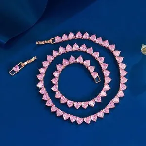 Authentic 20TCW Heart Cut Lab Created Pink Diamond Tennis Necklace 14k Rose Gold Plated