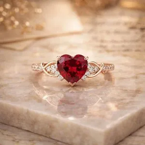 Authentic 14k Yellow Gold Plated Heart Lab Created Ruby Valentine's Day Special Band Ring