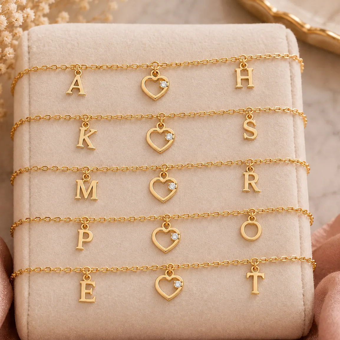 Authentic Personalized Letter Bracelet Gold Plated Heart Charm Adjustable Bracelet for Her