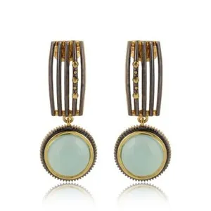Authentic Magnificent Gold Plated Aqua Chalcedony Drop Earrings Handmade Jewelry