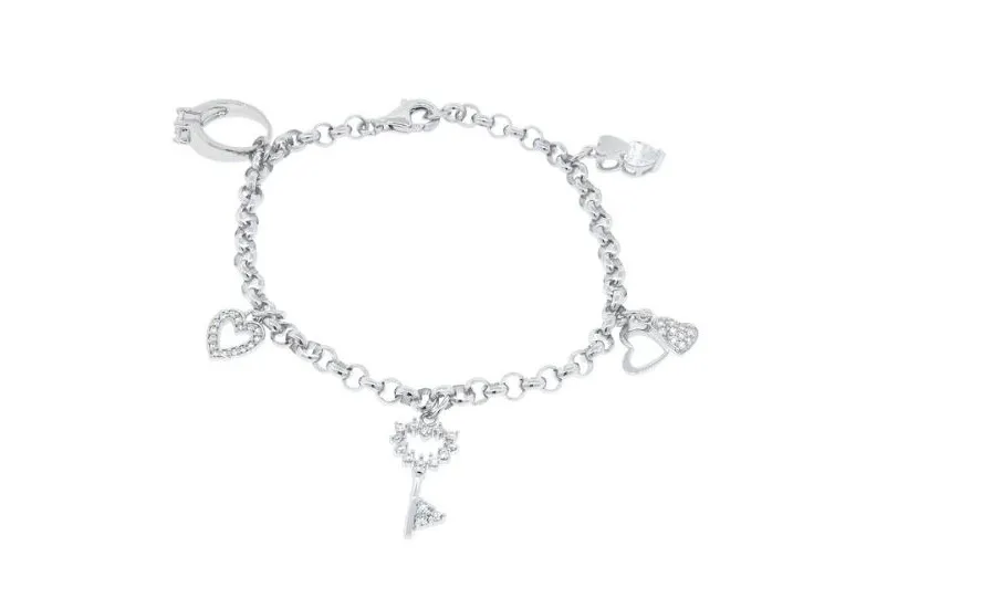 Authentic Heart of Destiny: Unlock Love and Protection with this 14K White Gold Plated CZ Zirconia Heart and Key Charm Bracelet