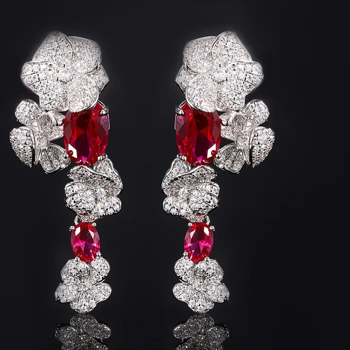 Authentic Luxurious Floral Drop Earrings With Emerald Red Accents Sparkling Crystal Flower Design Magnificent Jewelry