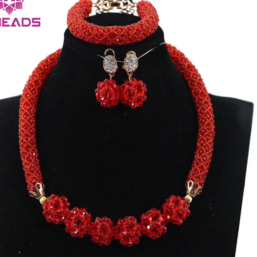 Authentic Magnificent African Wedding Bridal Red Crystal Design Nigerian Women Beads Necklace Jewelry Set ABH307