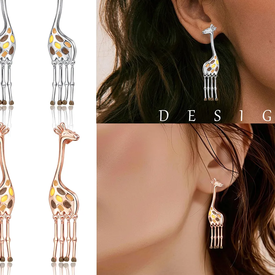 Authentic Magnificent 925 Sterling Silver Cute Animal Giraffe Stud Earrings For Girl Fine Rose Gold Earrings Jewelry