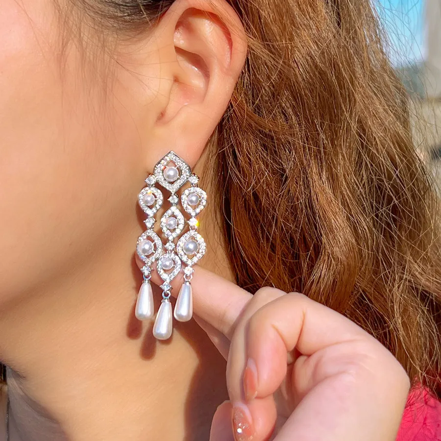 Authentic Pera Magnificent Quality Cubic Zirconia Silver Color Long Tassel Pearl Drop Earrings for Brides Wedding Jewelry Accessories E067