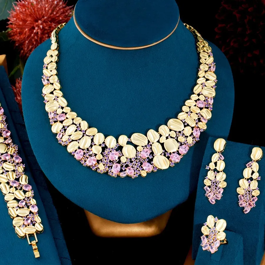 Authentic Pera Magnificent 4Pcs Pink Blue CZ Indian Gold Color Luxury Bridal Wedding Choker Necklace Earrings Jewelry Sets for Women J524