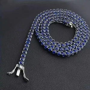 Authentic 18Ct Round Cut Lab-Created Blue Sapphire Tennis Necklace 14K White Gold Plated