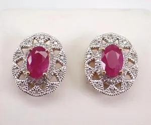 Authentic 2.20Ct Oval Cut Lab Created Ruby Snowflake Stud Earrings 14K Yellow Gold Plated