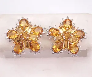 Authentic 2.60Ct Pear Cut Lab-Created Citrine Flower Stud Earrings 14K White Gold Plated