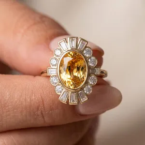 Authentic 2Ct Oval Cut Lab Created Citrine Art Deco Wedding Ring 14K Yellow Gold Plated