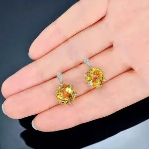 Authentic Round Cut Lab-Created  Yellow Citrine Drop Dangle Earrings 14K White Gold Plated