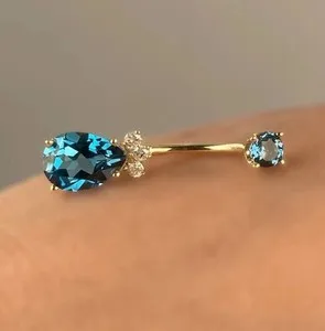 Authentic Women's Belly Button Ring Pear Cut Lab Created Blue Topaz 14K Yellow Gold Plated