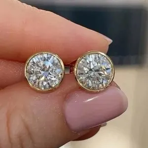 Authentic Round Cut Lab Created Diamond Women Wedding Stud Earrings 14K Yellow Gold Plated